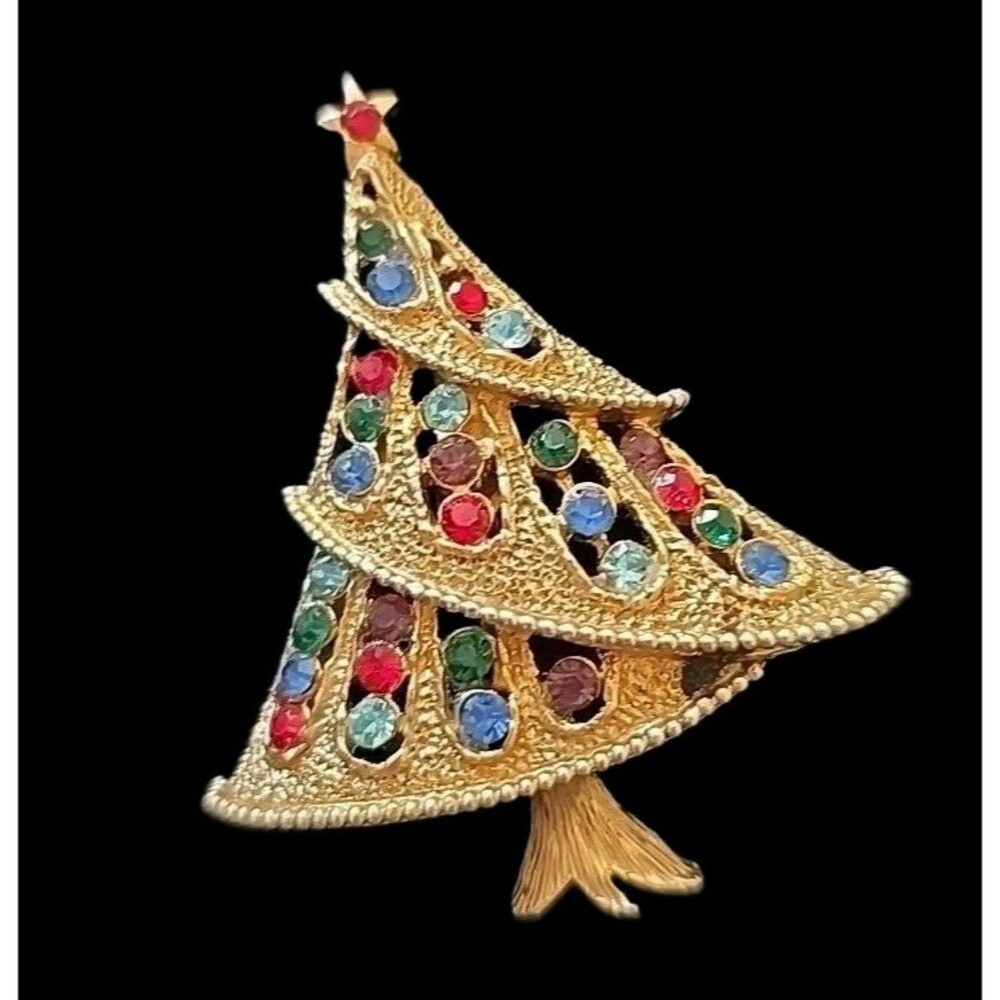 Christmas Tree Rhinestone Brooch Pin Signed Vintage Gold Tone  JJ Jonette